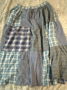 Patchwork Prairie Skirt Cottagecore Blue Plaid Midi Skirt Elastic Waist Size M